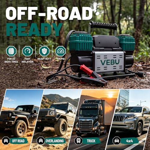 Image of Heavy Duty Air Compressor 12V Tire Inflator, Dual Cylinder 125PSI with In-line Pressure Gauge, 10.6CFM Fast Inflation for Off-road Vehicles, Trucks, SUVs, RVs, ATVs, DC Power, Corded Electric