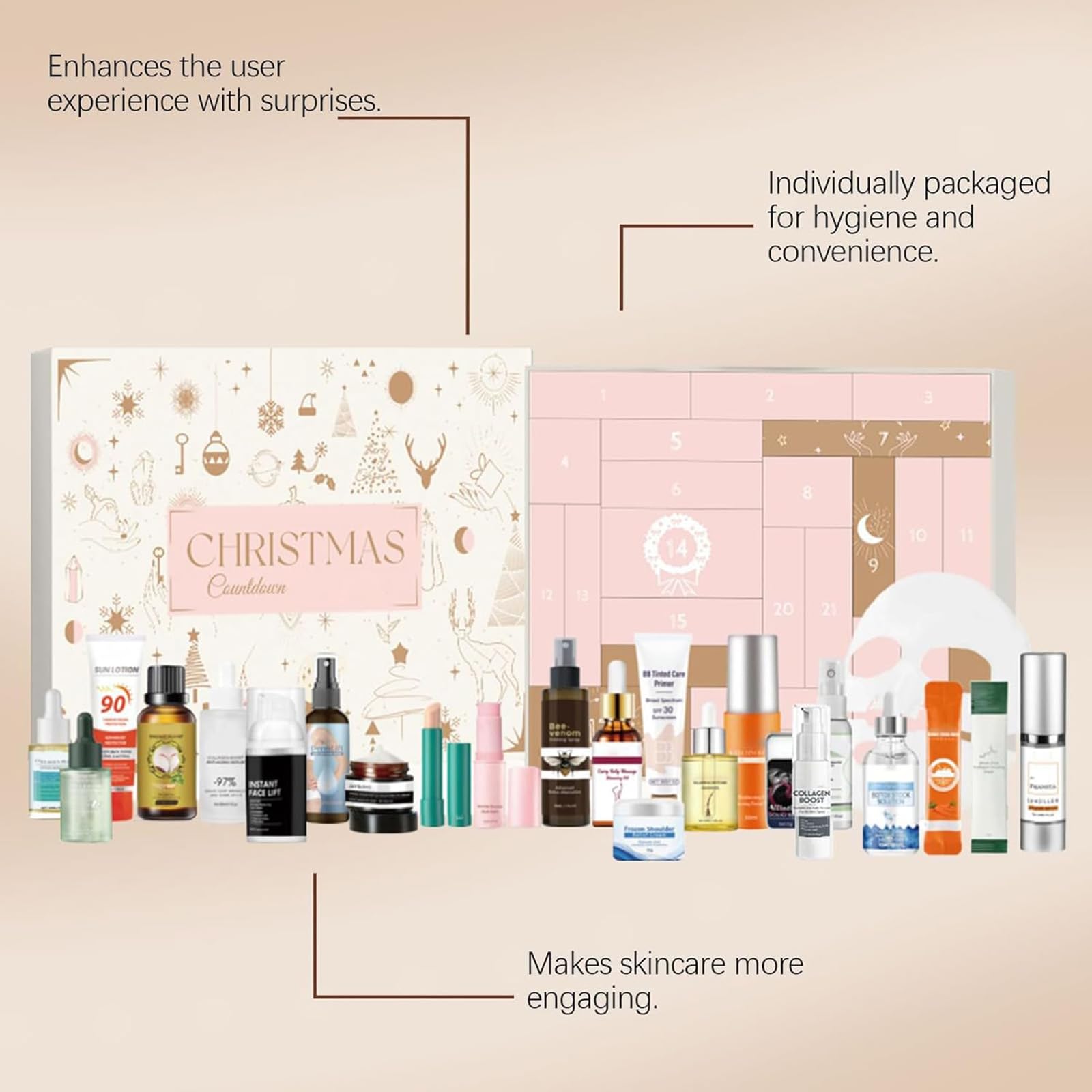 Adventskalender 2025 – 24 Türchen mit verwöhnenden Überraschungen, Weihnachtskalender mit Pflegeprodukten, Pflegeset für die Adventszeit, Beauty Geschenk für Frauen & Mädchen