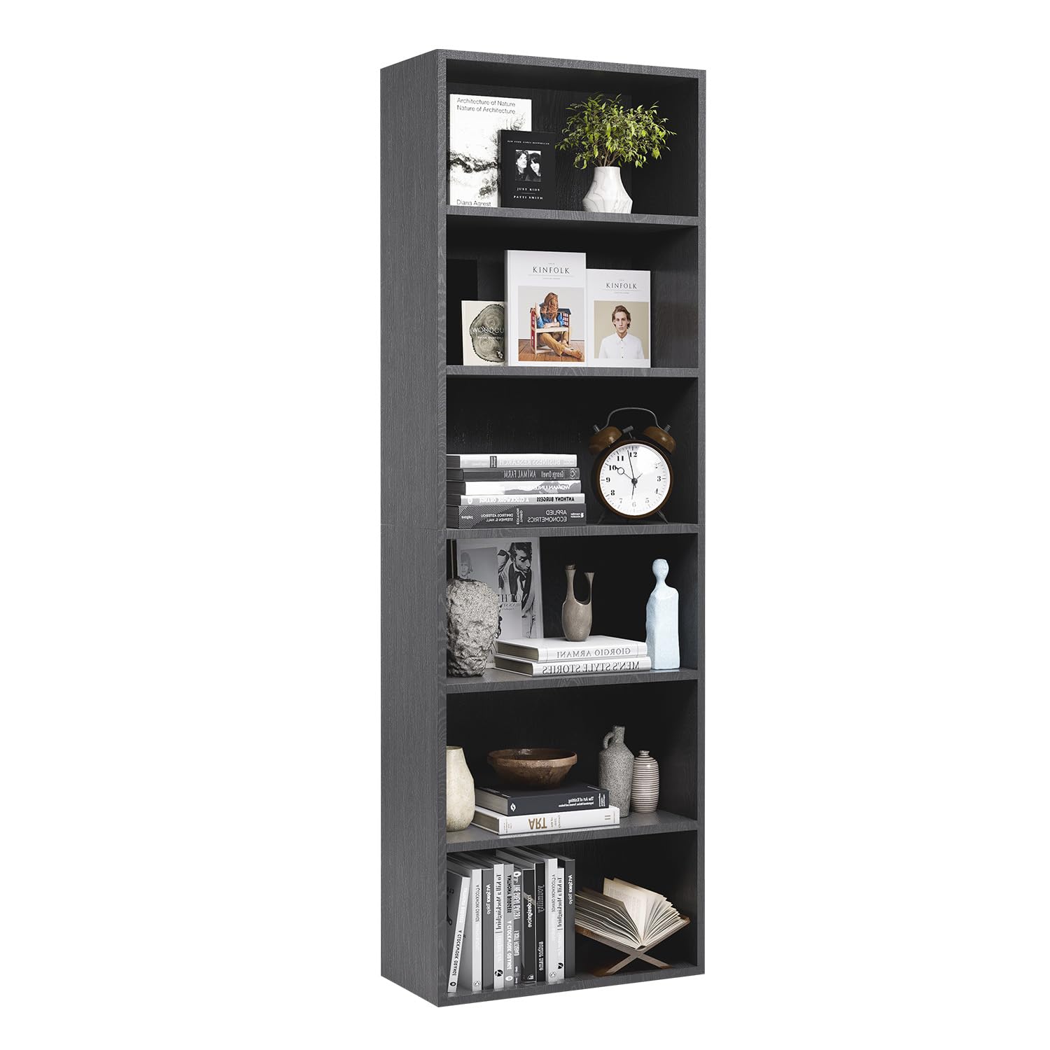 oneinmil Bücherregal und Bücherregal mit 6 Regalen, bodenstehendes hohes Bücherregal, offenes Display-Aufbewahrungsregal, dekorative Möbel, geeignet für Heimbüros, Wohnzimmer und Schlafzimmer, Schwarz