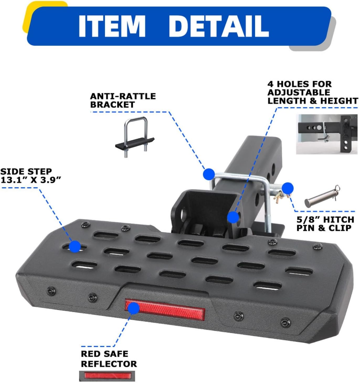 Nixon Offroad Universal Hitch Step for 3 Inch Receiver, Black Anti Slip Rear Bumper Guard with Adapter, Adjustable Length & Height Truck Step for Pickup Trailer Tow Car SUV, Capacity 350 LBS