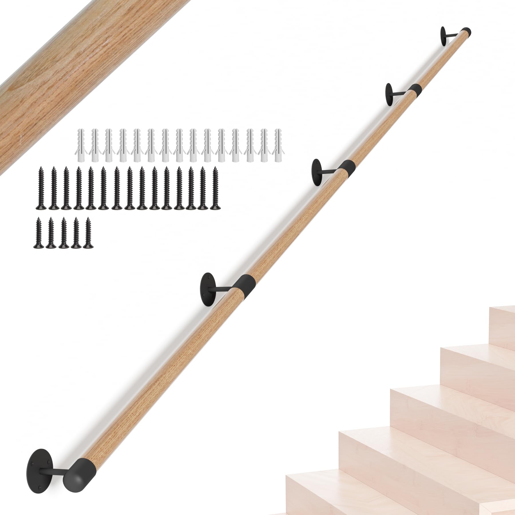 Barandilla de escalera de madera redonda de 365 cm/12 pies, barandilla de escalera interior, soporte de montaje en pared, barandilla antideslizante para pasillos, lofts, barandilla de seguridad