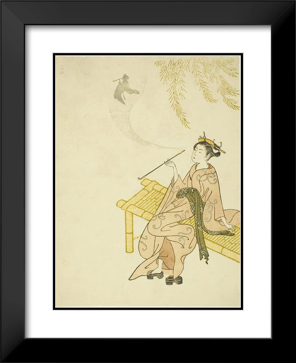 ArtDirect Suzuki Harunobu 20x24 Black Modern Framed and Double Matted Art Print Titled Smoking on a Bench