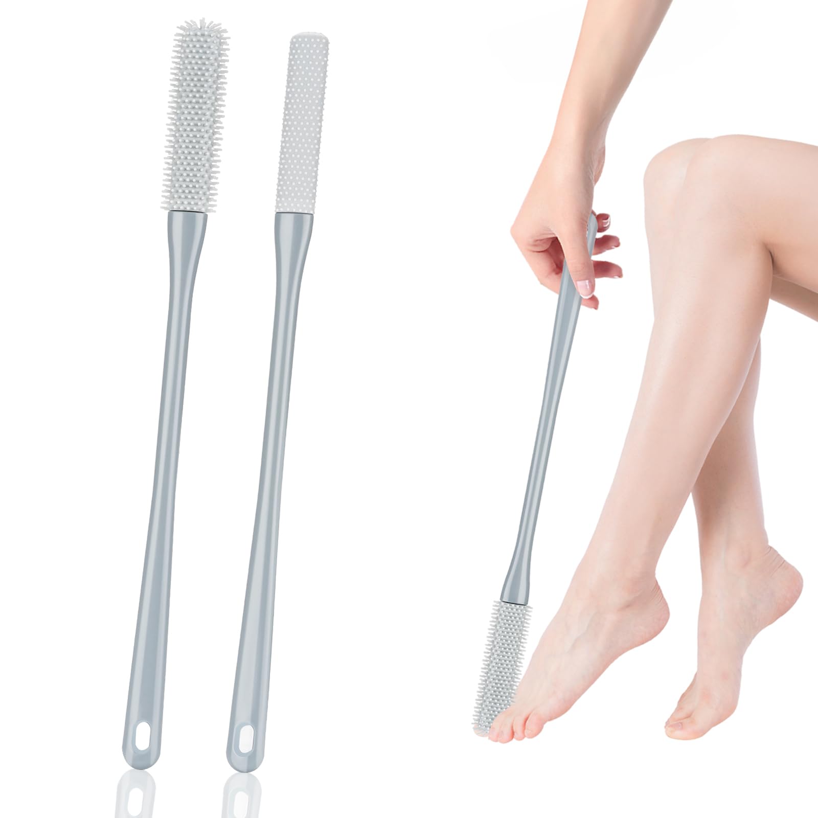 Oumuik Cepillo de lavado de pies para la ducha de silicona con mango largo limpiador de dedos masaje para eliminar la piel muerta, cepillo de ducha de pies para personas mayores