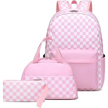 Sugaroom Pink Checkered Backpack with lunch box for Girls with Lunch Box Lightweight School Backpack Kids Bookbags Preschool Primary Elementary Students School Bags Set Checkered Pink