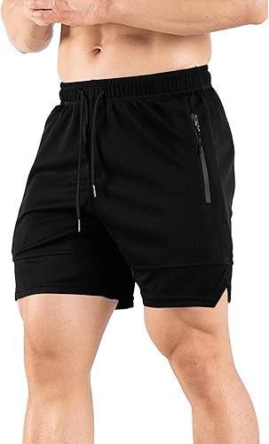 Pantalones cortos de entrenamiento de gimnasio para hombre, de secado rápido, para levantamiento de pesas, con bolsillo con cremallera