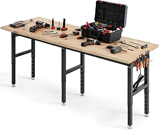 VEVOR Adjustable Workbench, 5000 lbs Capacity, 96 x 24 Inch Oak Wood Top Workstation with 4 AC Outlets & 2 USB Ports, Heavy-Duty Hardwood Worktable for Garage, Workshop, Home, Office, Commercial