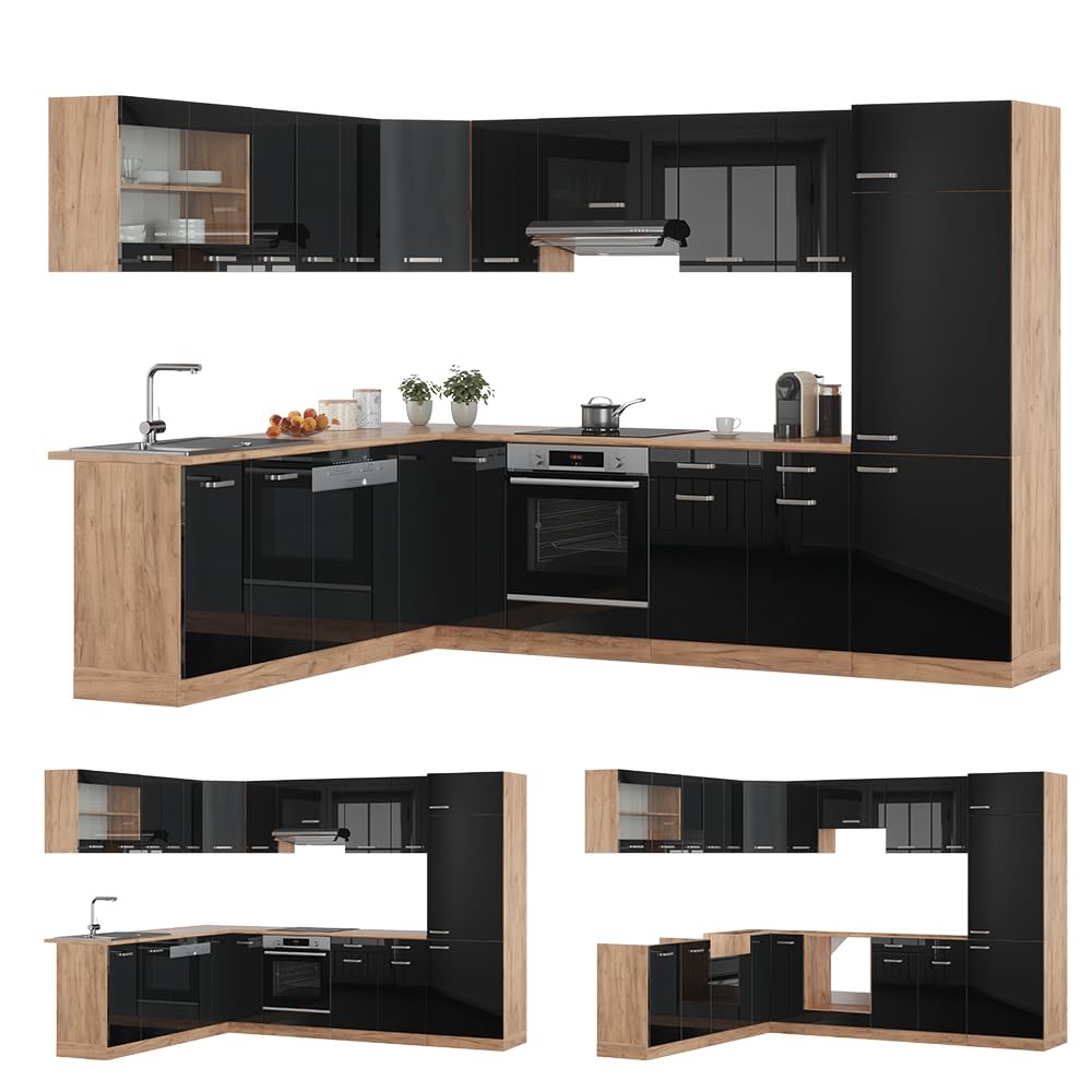 Vicco Cuisine en Angle R-Line, Noir Brillant/Chêne doré, 287 x 227 cm | 12 Modules · Pieds réglables en hauteur · Sans plan de travail · Façades robustes · Avec armoire pour réfrigérateur