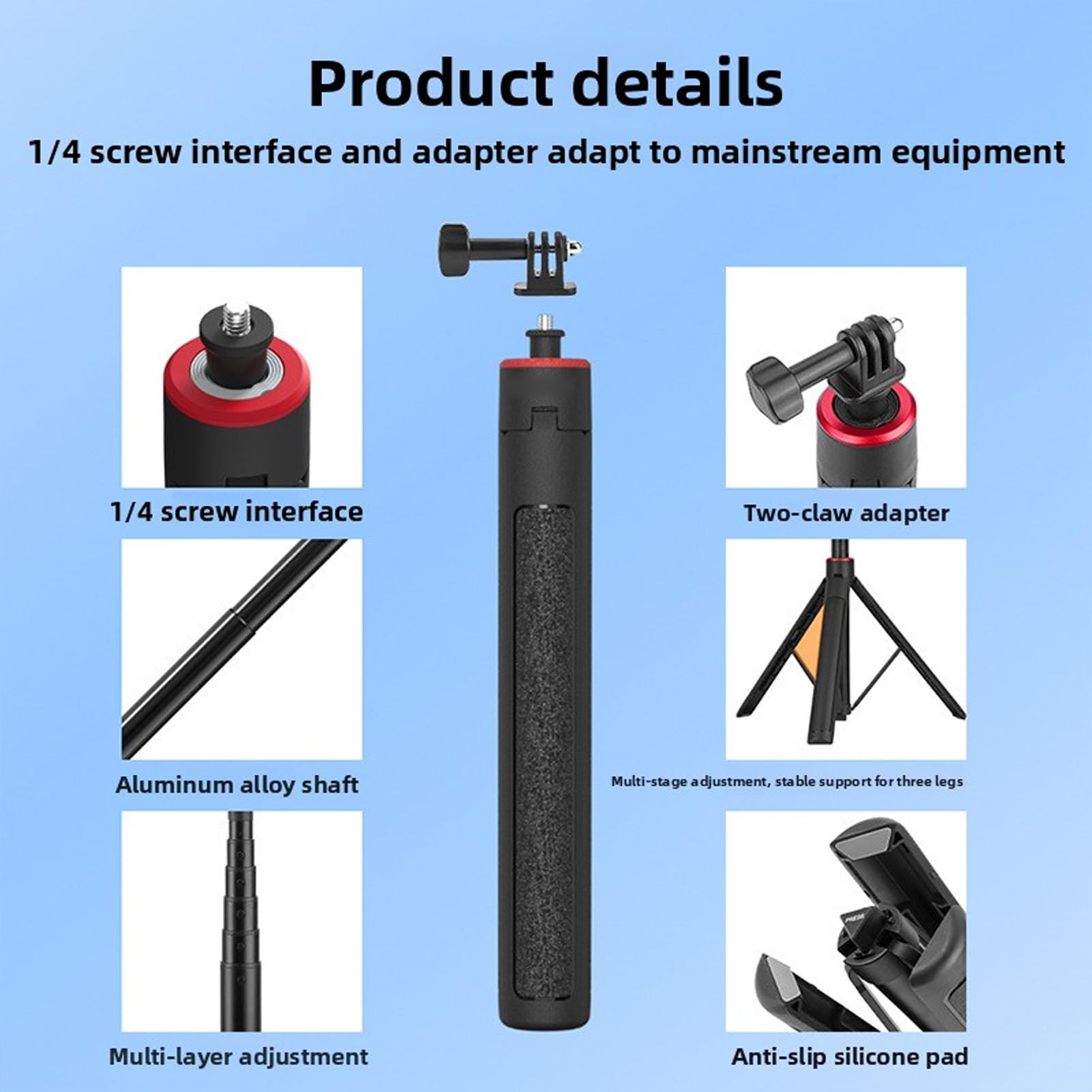 Asta Selfie con Treppiede Estensibile per Action Camera, ABS Resistente e Alluminio, 4 Regolazioni della Fase per Viaggi di Vlogging Action 4 e Pocket 3 (1, m/55 pollici)