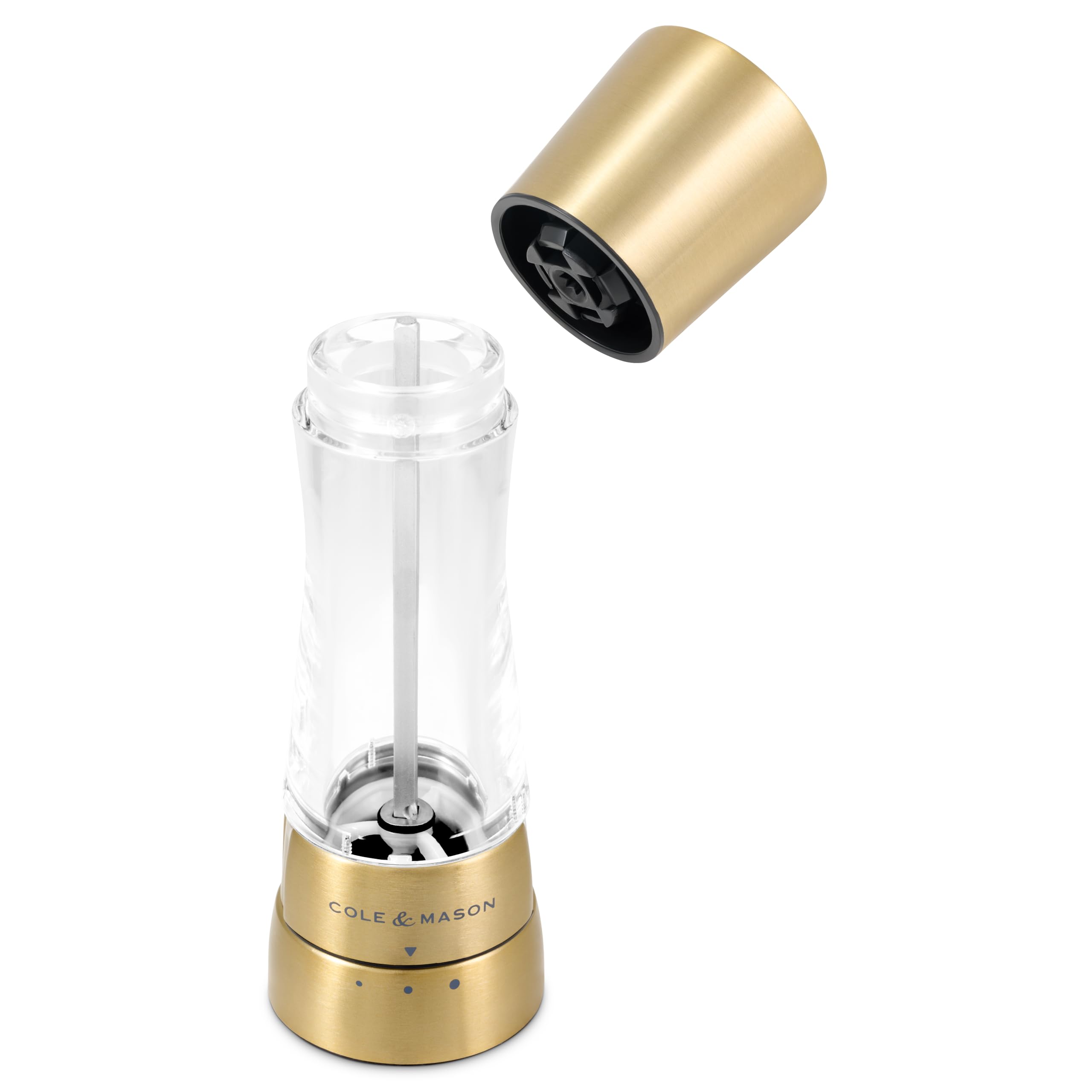 Cole & Mason Derwent Gold Salzmühle und Pfeffermühle, Gewürzmühle, 2er Set Manuell mit einstellbarem Keramik-Mahlwerk, Edelstahl/Acryl, 190mm, Precision+, Geschenkset
