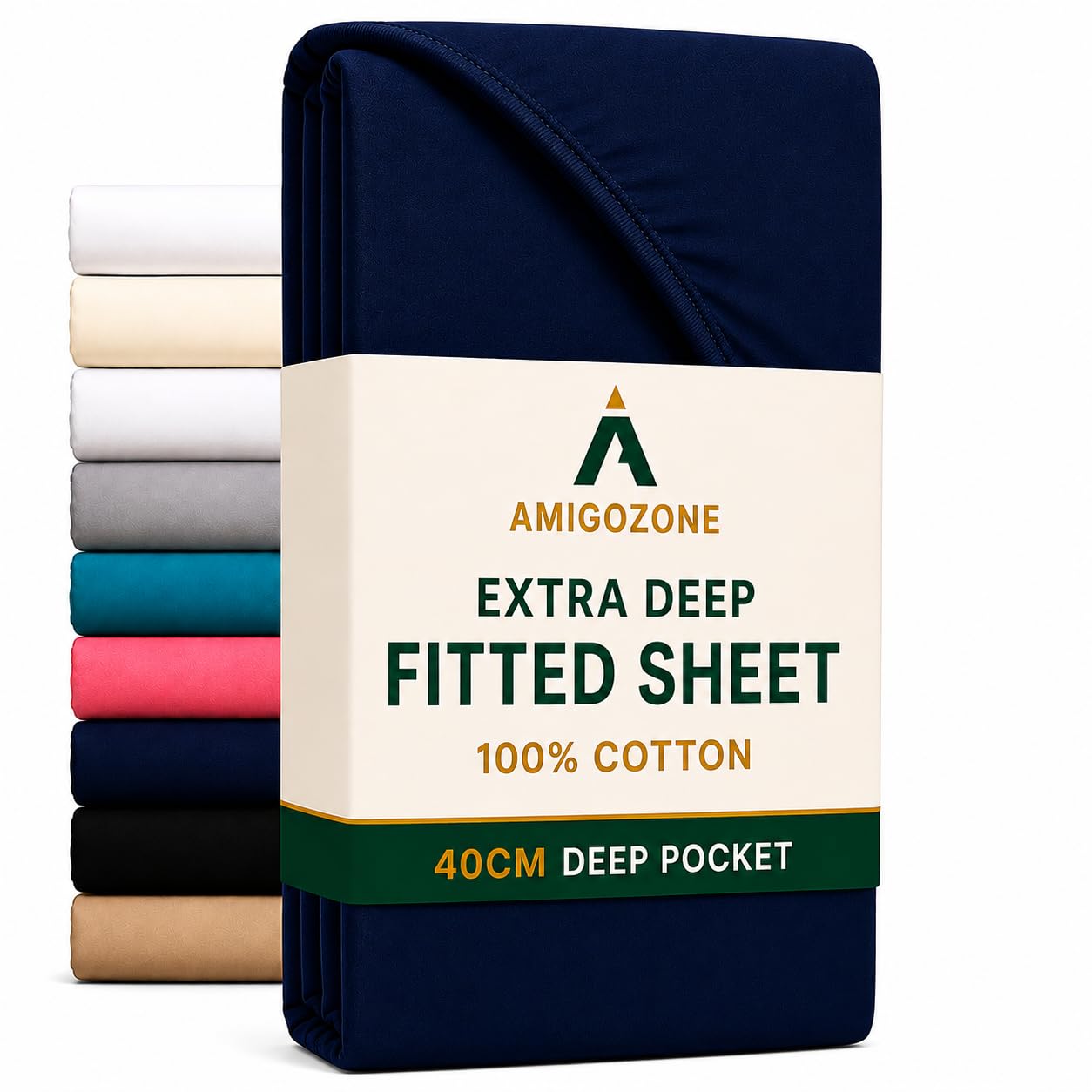 AmigoZone16"(40cm) Extra Deep Fitted Sheet 100% Cotton 200 Thread Count Fitted Sheet (Double, Navy) — image 1