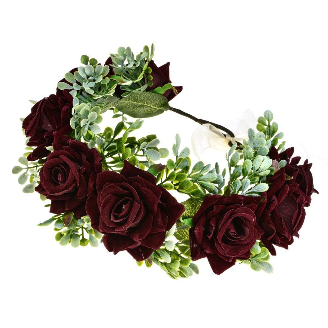 Shiwaki Girls Burgundy Handmade Wreath Headdress Head Flower Headband Seaside Vacation Wedding Accessories Bridesmaid Flannel Head Flower(Burgundy)