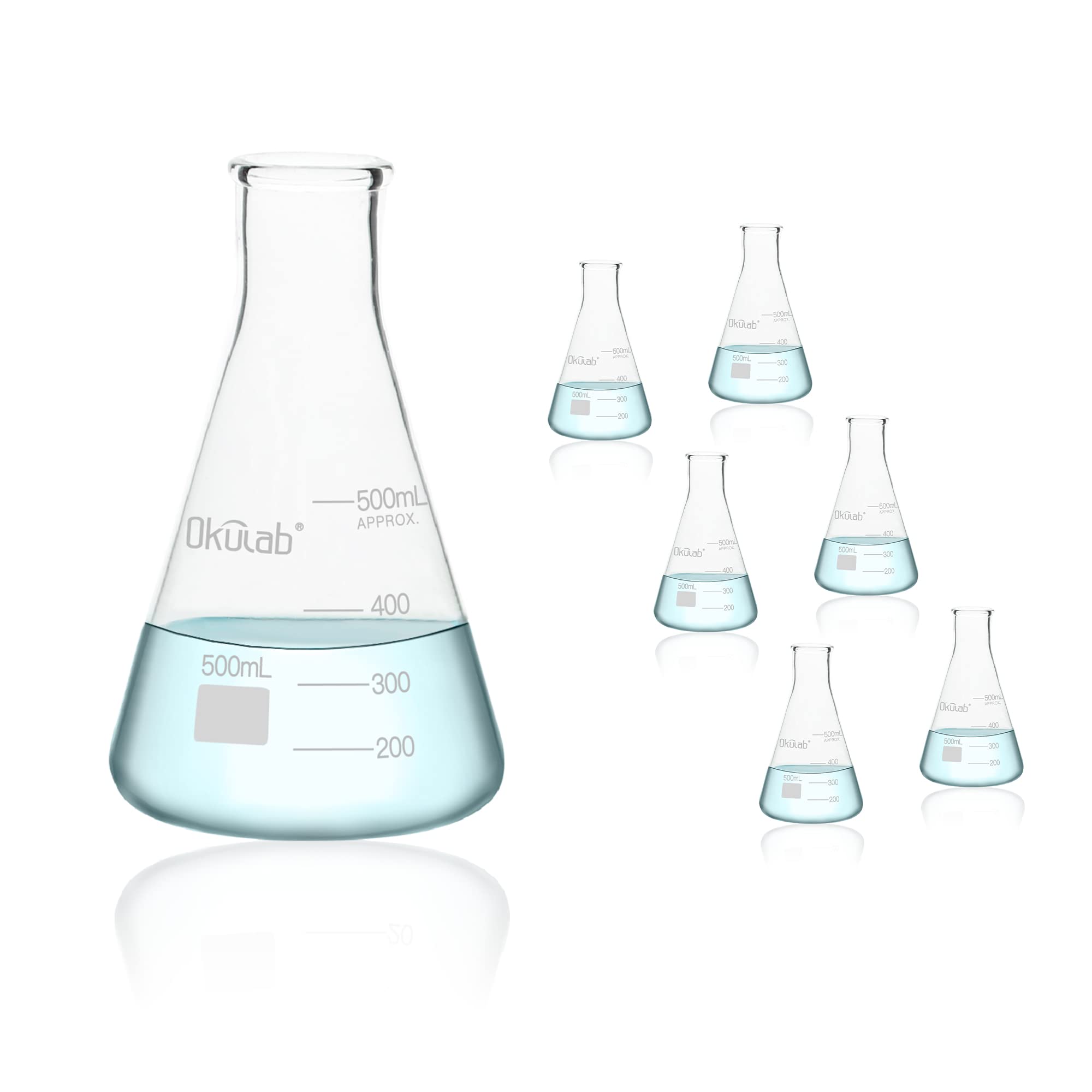 Frascos de vidrio Erlenmeyer, 6 piezas de Vol.500 ml, material de vidrio borosilicato 3.3 con graduación impresa. EFNG500A6