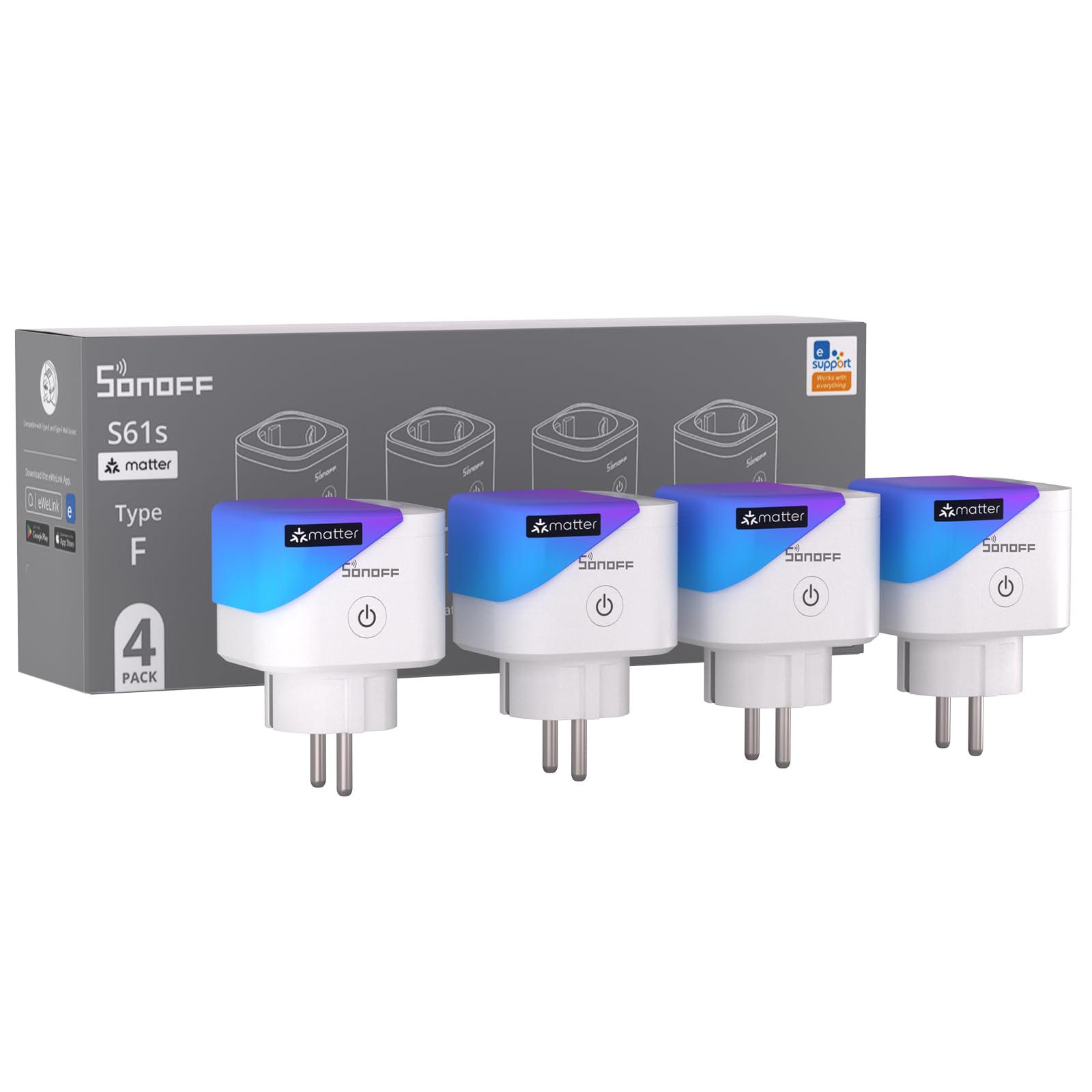SONOFF S61s Smart Steckdosen 16A/3840W – Fern- & Sprachsteuerung für ein sichereres und smarteres Leben | Energieüberwachung & Zeitschaltuhr | Matter-kompatibel mit Alexa, Google und HomeKit(4er-Pack)