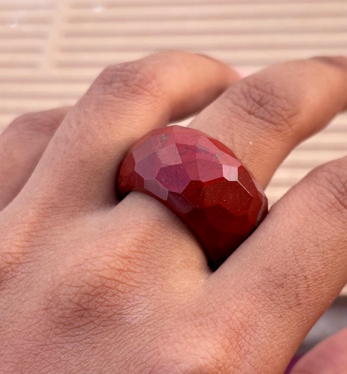 Faceted Dome Jasper Ring, Deep Redjasper, Geometric Pattern, Statement Jewelry, gemstone ring