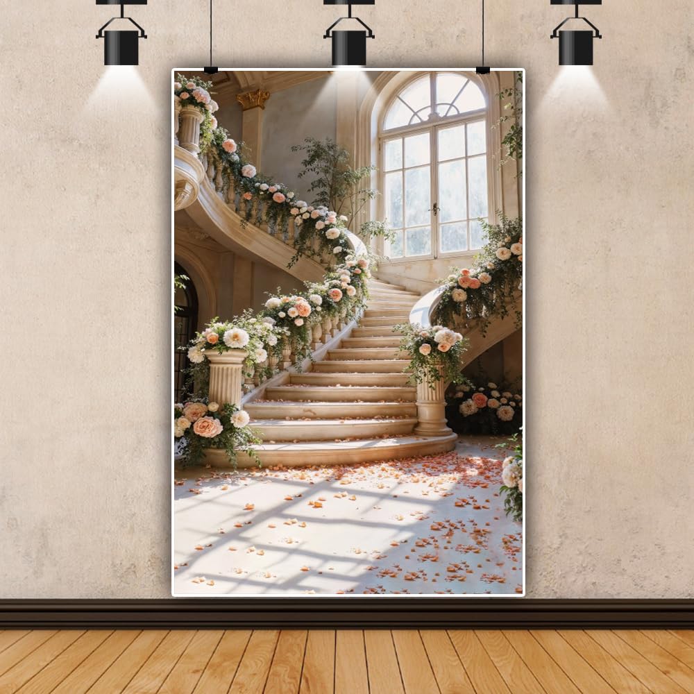Laeacco  Floral Castle Stairway Backdrop Pink White Flowers Palace Interior Stairs Arch Window Photography Background for Women Girls Birthday Bridal Shower Party Wallpaper Booth Studio Props: 4x5t