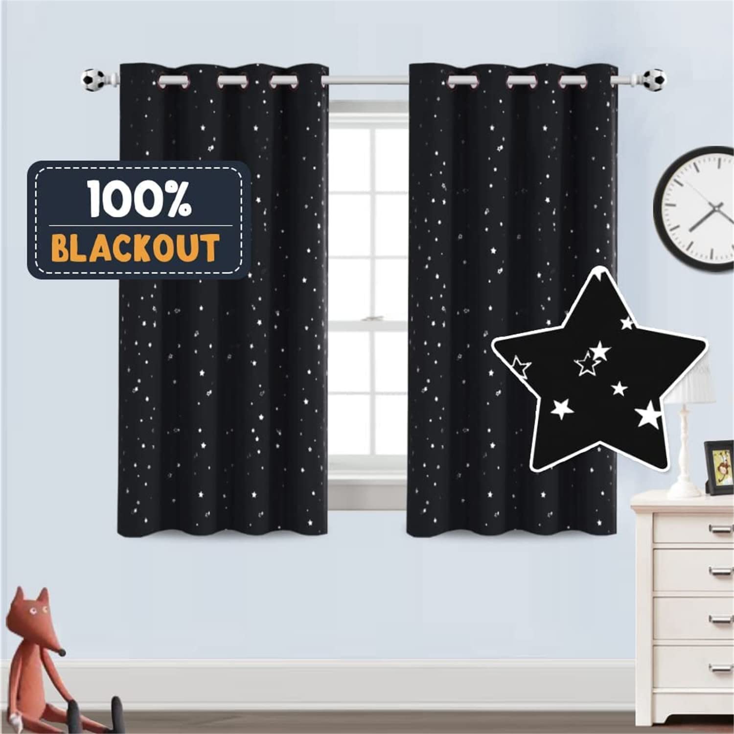 Blackout Star Curtains for Kids Room Boys Girls Twinkle Silver Stars Thermal Insulated Cute Thick Grommet Curtain for Nursery Home Decoration Window Drapes 2 Panels Set (Black/Silver,2 x 52"Wx54"L)