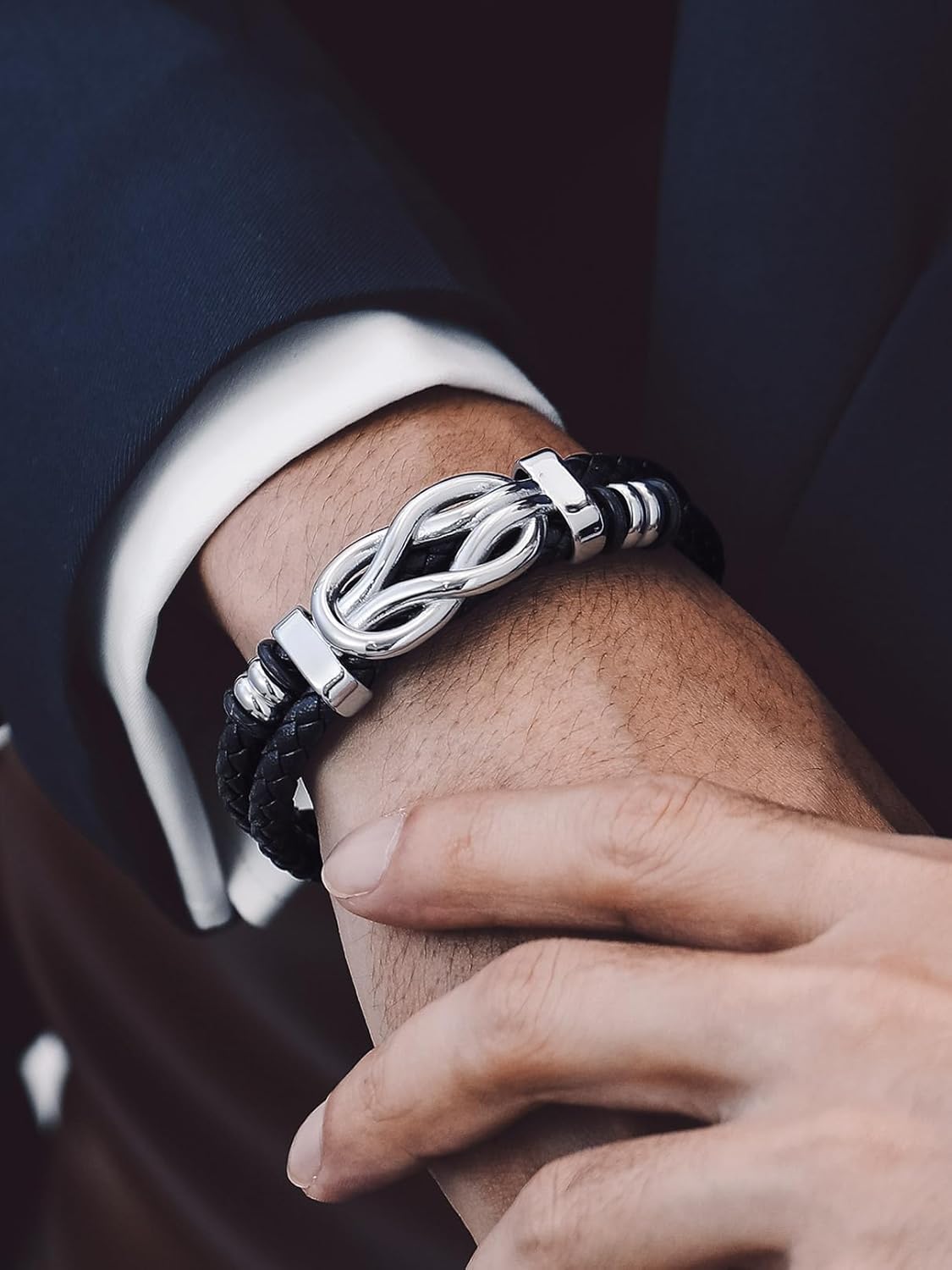 Bandmax Infinity Love Knot Bracelet for Men Black Leather Love Link Cuff Bracelet Mens Gifts for Father's Day Birthday Anniversary Christmas - Image 2