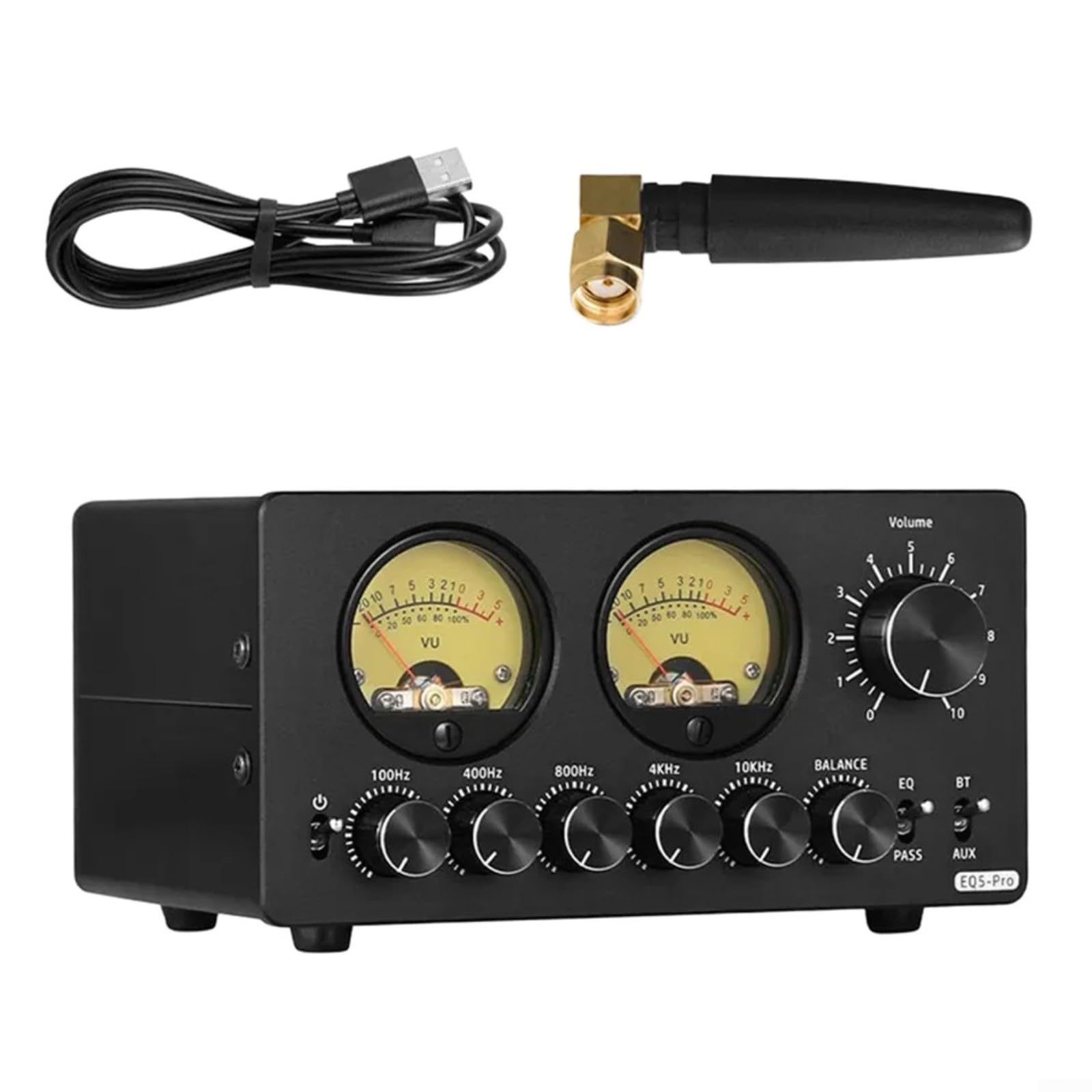 EQ5-PRO Ecualizador de audio de 5 bandas con BT 5.0, medidor VU, control de equilibrio, modo de derivación para sistema estéreo de alta fidelidad, fácil y rápido de usar