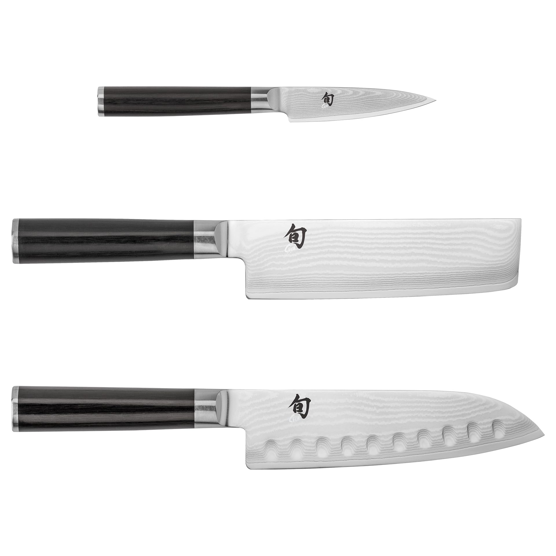 Shun Classic 3 Piece Japan Starter Set, Includes 7" Hollow Ground Santoku, 3.5" Paring & 6.5" Nakiri Knives, Handcrafted Japanese Knife Set, Damascus Stainless Steel Cladding, Pakkawood Handles