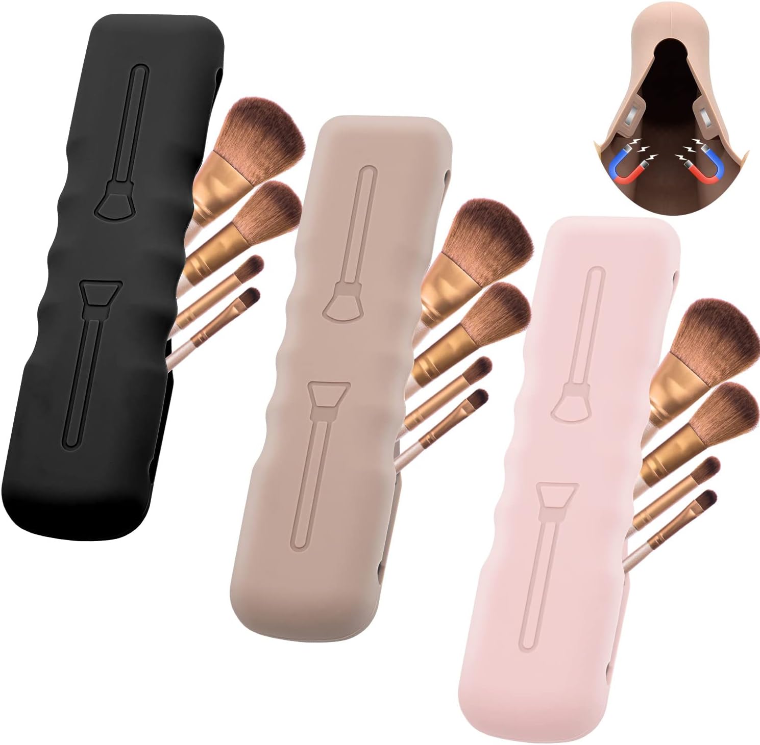 3Pack Travel Silicone Makeup Brush Case Bag Soft Cute Portable Cosmetic Brushes Holders,Waterproof Makeup Brushes Organizer for Traveling with Magnetic Closure-Black,Pink,Khaki