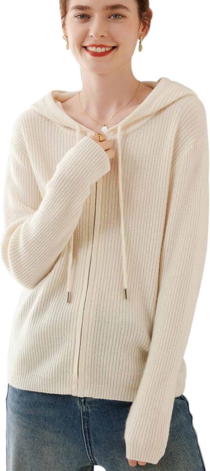 G Guzemor Women's Cashmere Blend Merino Wool Cardigan Full Zip Open Front Drawstring Hoodie Sweater Long Sleeve Lightweight