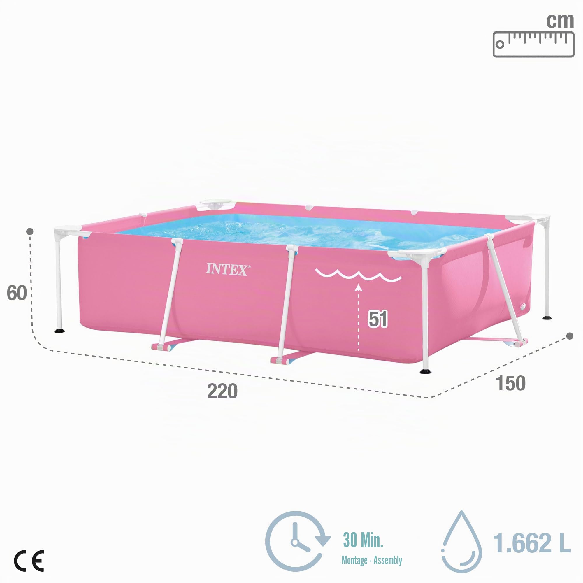 Intex Aufstellpool Rectangular Frame Rechteckig 1662 L Stahl PVC Rosa 220x150x60 cm