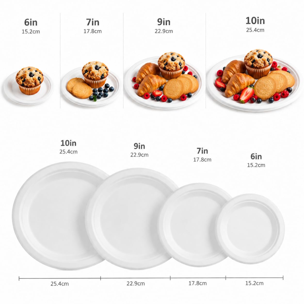 Platos de papel compostables de 10 pulgadas, paquete de 128 unidades, plato desechable biodegradable resistente hecho de bagazo, perfecto para aperitivos, postres, fiestas, bodas y más