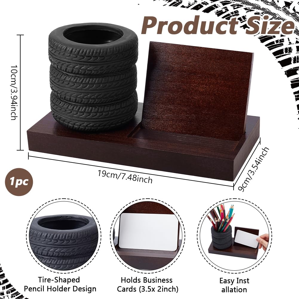 NBEADS 2 Pcs Tire Pen Holder Business Card Holder, Tire Shape Stationery Set Automotive Desk Accessories for Tire Shop Office Mechanics Gifts Car Lovers, Saddle Brown - Image 2