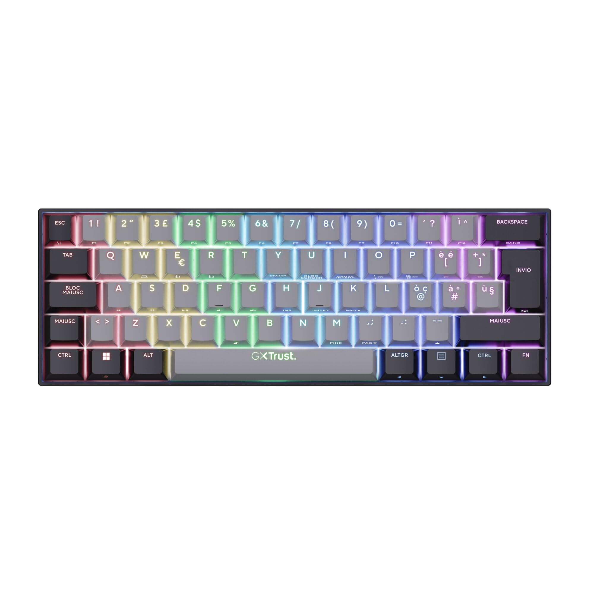 GXTrust Revyn Tastiera Gaming Meccanica 60% Mini Layout Italiano QWERTY | Tri-Mode 2.4GHz/Bluetooth/USB, Batteria de 50 Ore, Ricaricabile, RGB, Keyboard per PC Laptop, Grigio/Nero