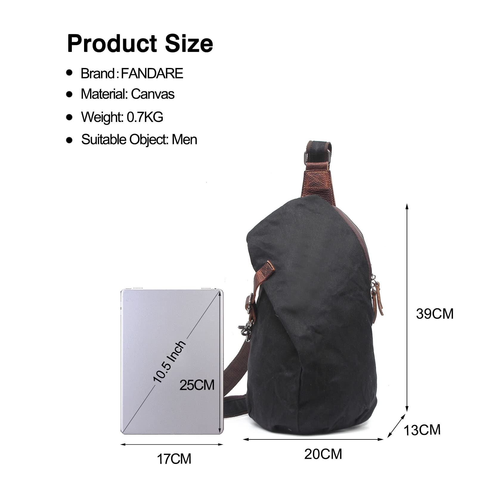 FANDARE Rétro Sac de Poitrine Toile Sac Bandoulière Sling Crossbody Bag Homme Sacoche Sac d'Epaule Sacoche de Ceinture pour Voyage Randonnée Camping Crossbody Bag Noir