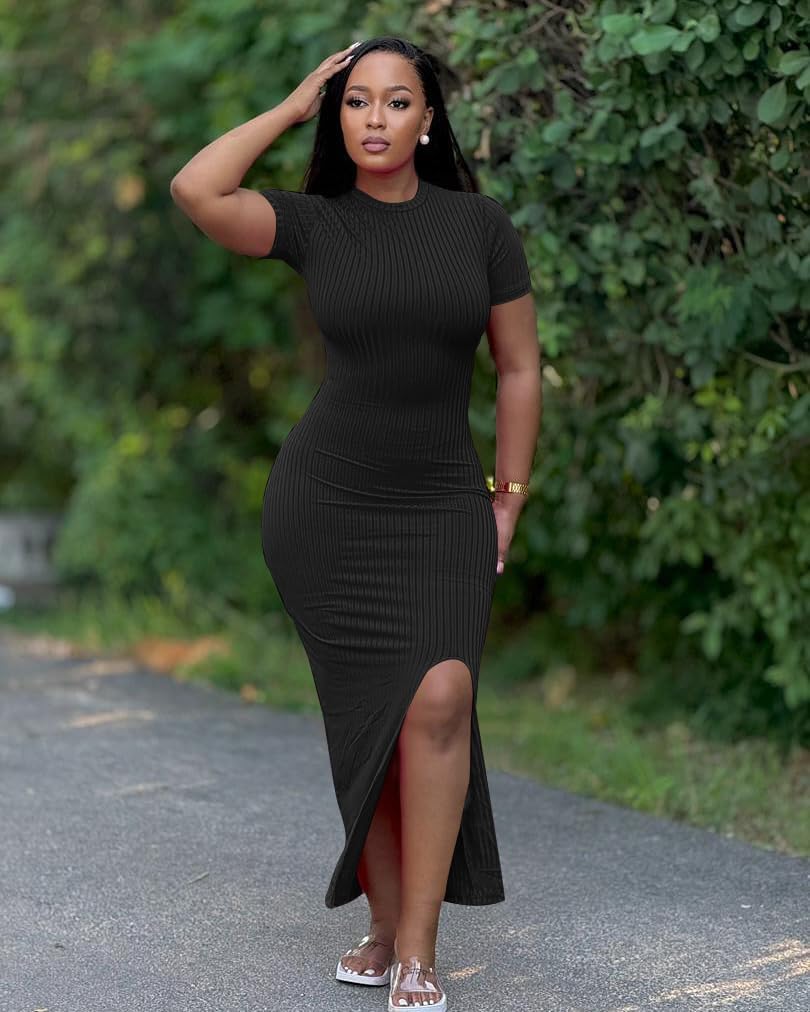Womens Bodycon Maxi Dress Split Striped Ribbed Crewneck Short Sleeves Casual Sundress Solid Sexy Long Summer Dresses - Image 2
