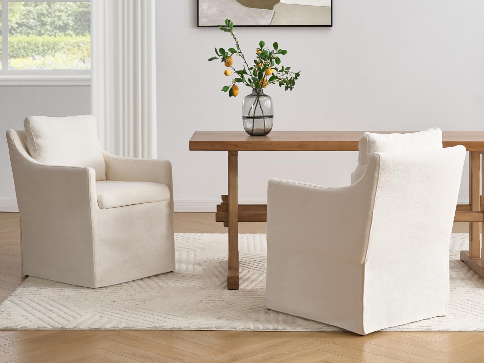 DAYALANE Farmhouse Dining Chairs Set of 2, Modern Upholstered Kitchen & Dining Room Chairs with Arms, Beige Accent Chair Comfy Single Sofa for Bedroom