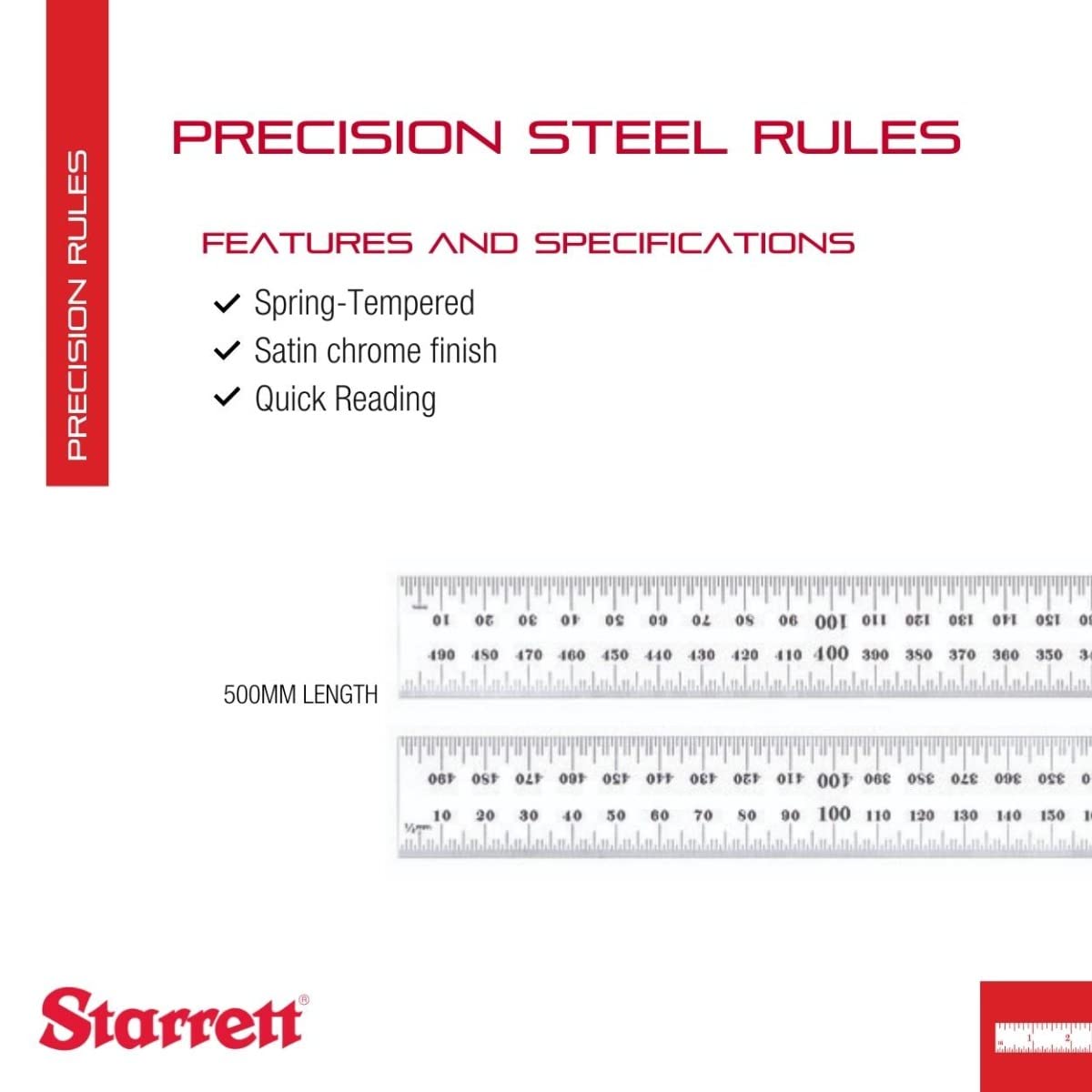 Starrett C635-500 - Righello di Precisione in Acciaio Temprato, 500 mm, con Scala Millimetrata, N. 35 Gradi, Cromato Opaco