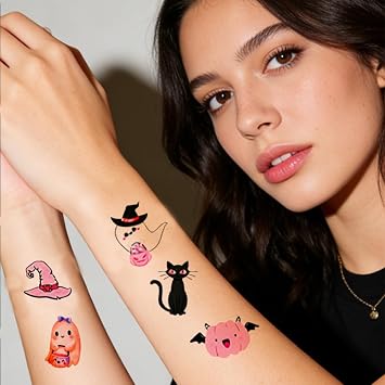 Cute Halloween Tattoos Pink Temporary Tattoo Stickers 83 Pcs Fake Tattoos