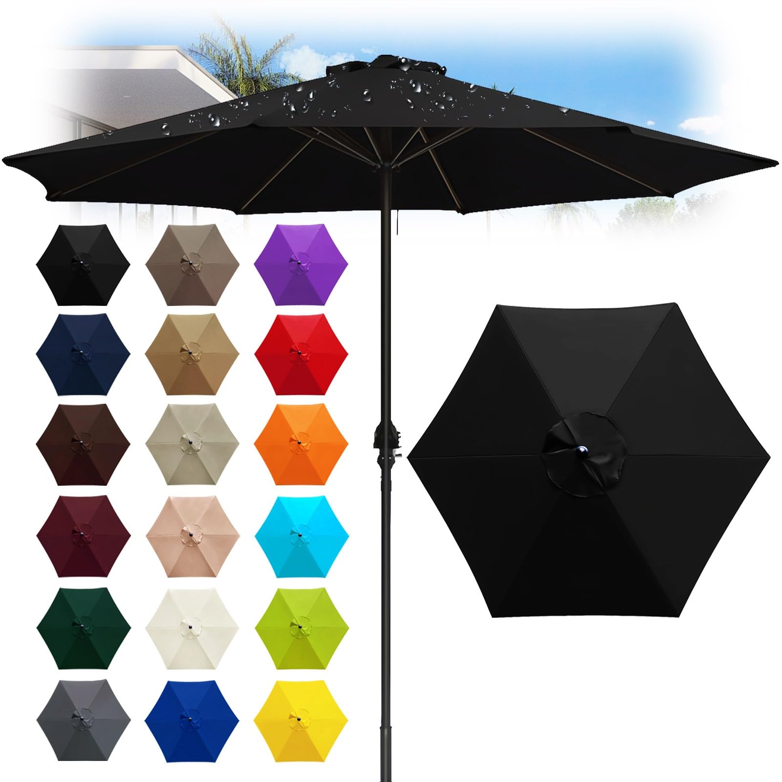 6 Ribs Outdoor Umbrella Canopy Replacement - Replacement Parasol Fabric Cover - 6.6/8.2/8.9/9.8ft Umbrella Cloth - Not umbrella frame - for Garden, Patio, Yard, Beach, Market(Black,6 ribs: 2m/6.6ft)