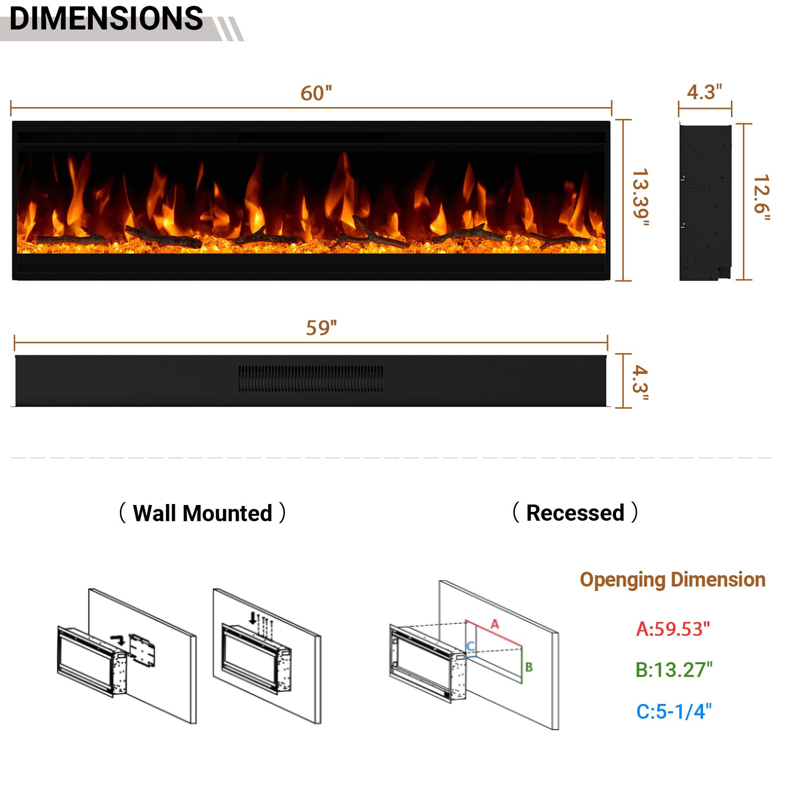 Chimenea eléctrica de 60 pulgadas, insertos de chimenea eléctrica ultrafina de 4.3 pulgadas, marco ultra estrecho, chimenea montada en la pared y empotrada, troncos y cristal, pantalla táctil y 6