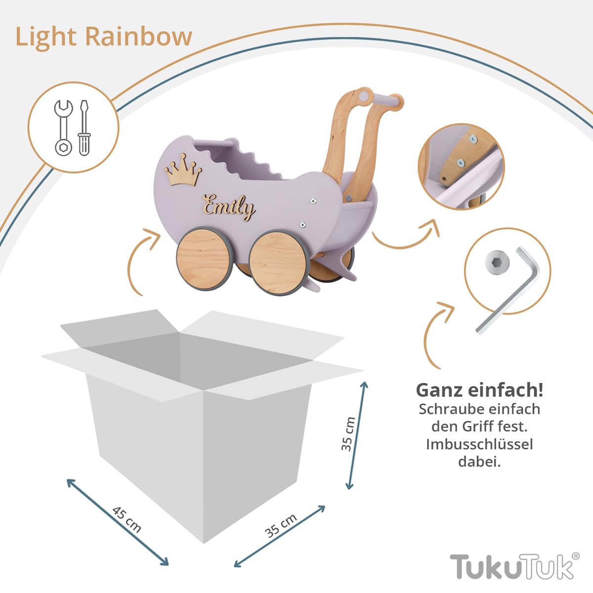 Puppenwagen ab 1 Jahr - Individuell mit Namen - Handgefertigter Puppenwagen - Holzpuppenwagen - Sicher Abgerundete Kanten - Ausdrucksstarke und Schöne Farben (Lavendel)