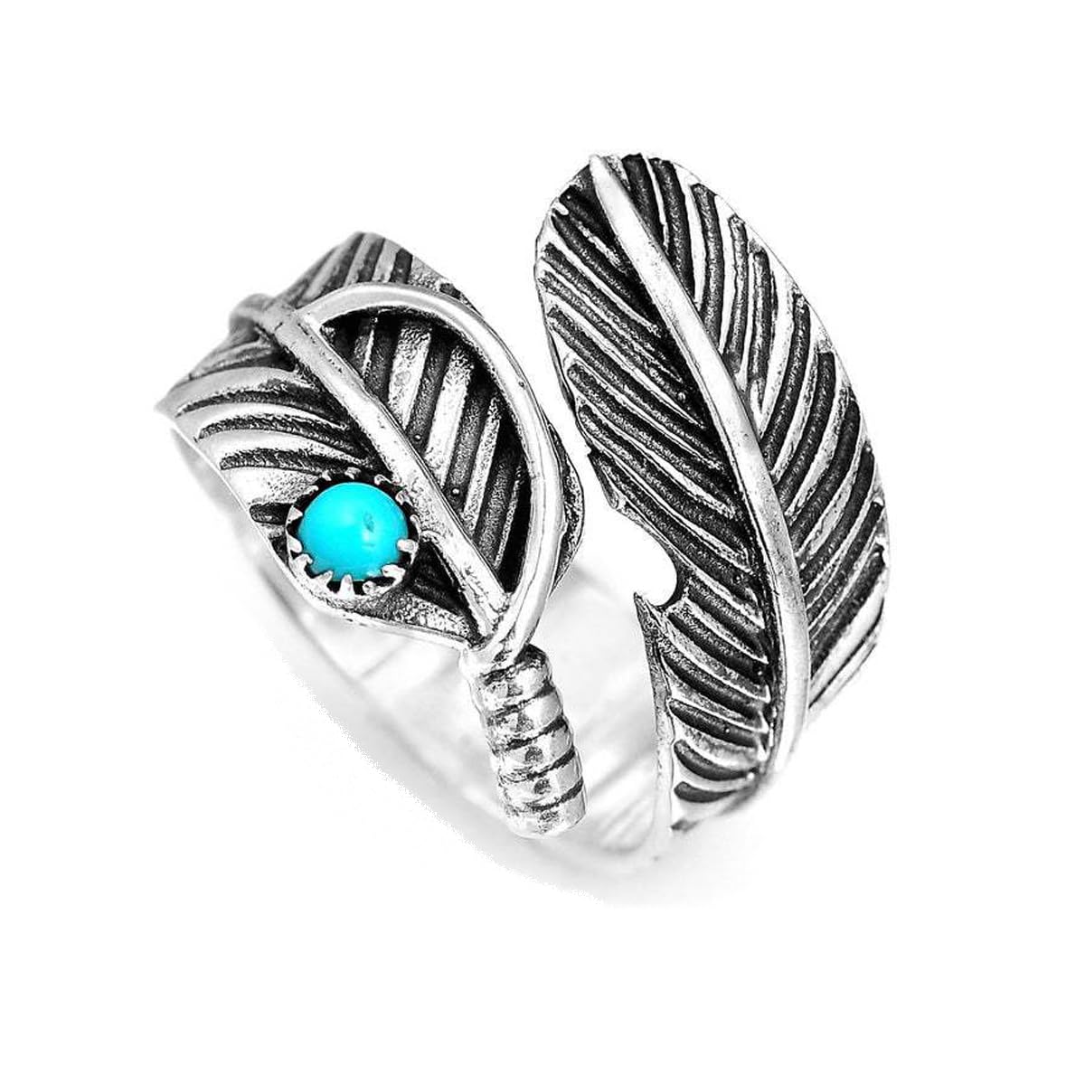 Karfri Anillo de turquesa de plumas, anillo de pluma de turquesa ajustable, anillo abierto de aleación de estilo retro, anillo de hoja natural ancho de plata, anillo de pulgar de mujer y hombre