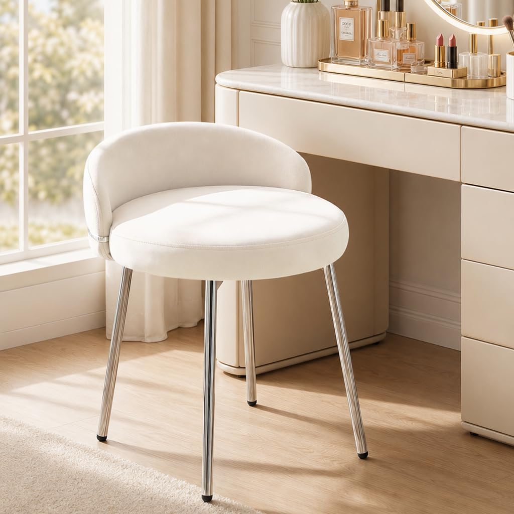 Hellove Tabouret Coiffeuse Samt Rond avec Pieds en Métal Argenté, Chaise Coiffeuse Moderne Vanity Stool avec Dossier Courbé et Assise Rembourrée pour Chambre, Salon, Charge 150kg, Beige