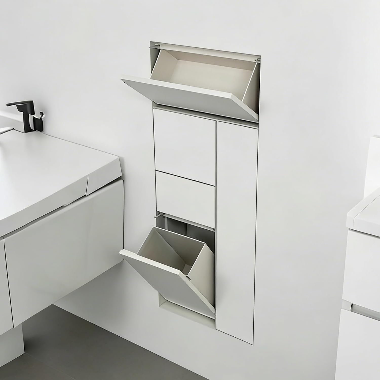 Invisible Wall-Mounted Tissue Holder Trash Can Combo, Tile in Shower Niche with Dispense，Bathroom Cabinet for Bathroom Renovation(White)