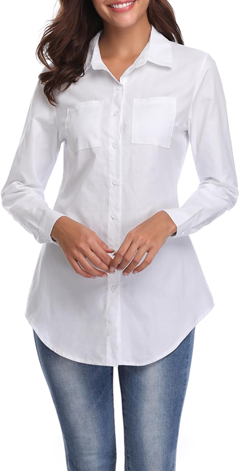 Fuinloth Womens Chambray Top, Long Sleeve Button Down Shirt, Tunic | Chambray top, Long sleeve, Button down, Lightweight cotton, Chest pockets, Slim fit tunic, Soft fabric, Work casual