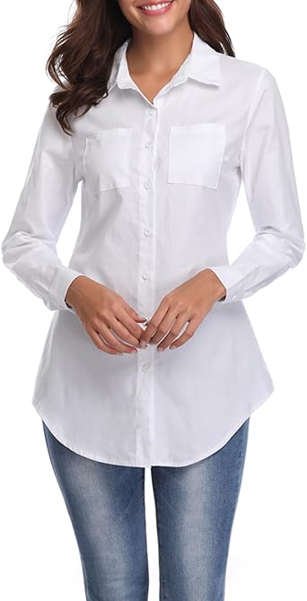 Fuinloth Womens Chambray Top, Long Sleeve Button Down Shirt, Tunic