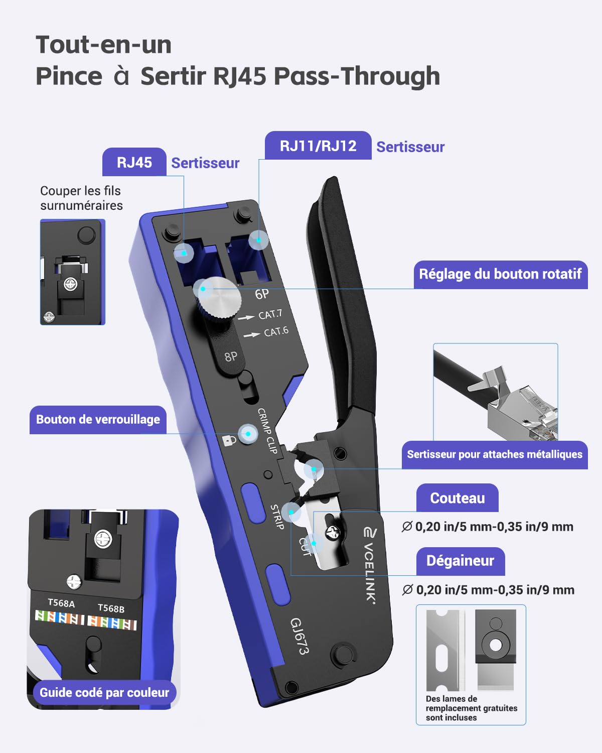 VCELINK Kit Outils Pince Sertir RJ45, 10 Fiches RJ45 Cat7 Pass Through | plaquées or, Testeur réseau Pince à dénuder Installation réseau professionnelle Outils de réparation RJ45/RJ11/RJ12