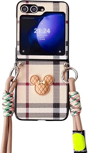 Funda de teléfono con diseño de cuadros de lujo para Samsung Galaxy Z Flip 5 5G con correa cruzada para el hombro, fundas rígidas de cuero para