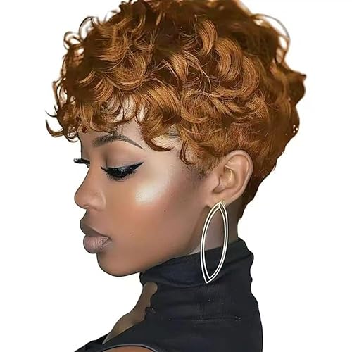 Miniatura 6 de Peluca corta y rizada con corte Pixie, pelucas de cabello humano corto marrón dorado para mujeres negras, cabello humano marrón claro, pelucas