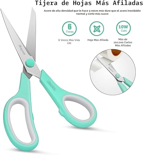 Miniatura 4 de Tijeras, iBayam de 20,3 cm para todo uso, paquete de 3 unidades, tijeras ultra afiladas con hoja de 2,5 mm de grosor, mango de agarre cómodo