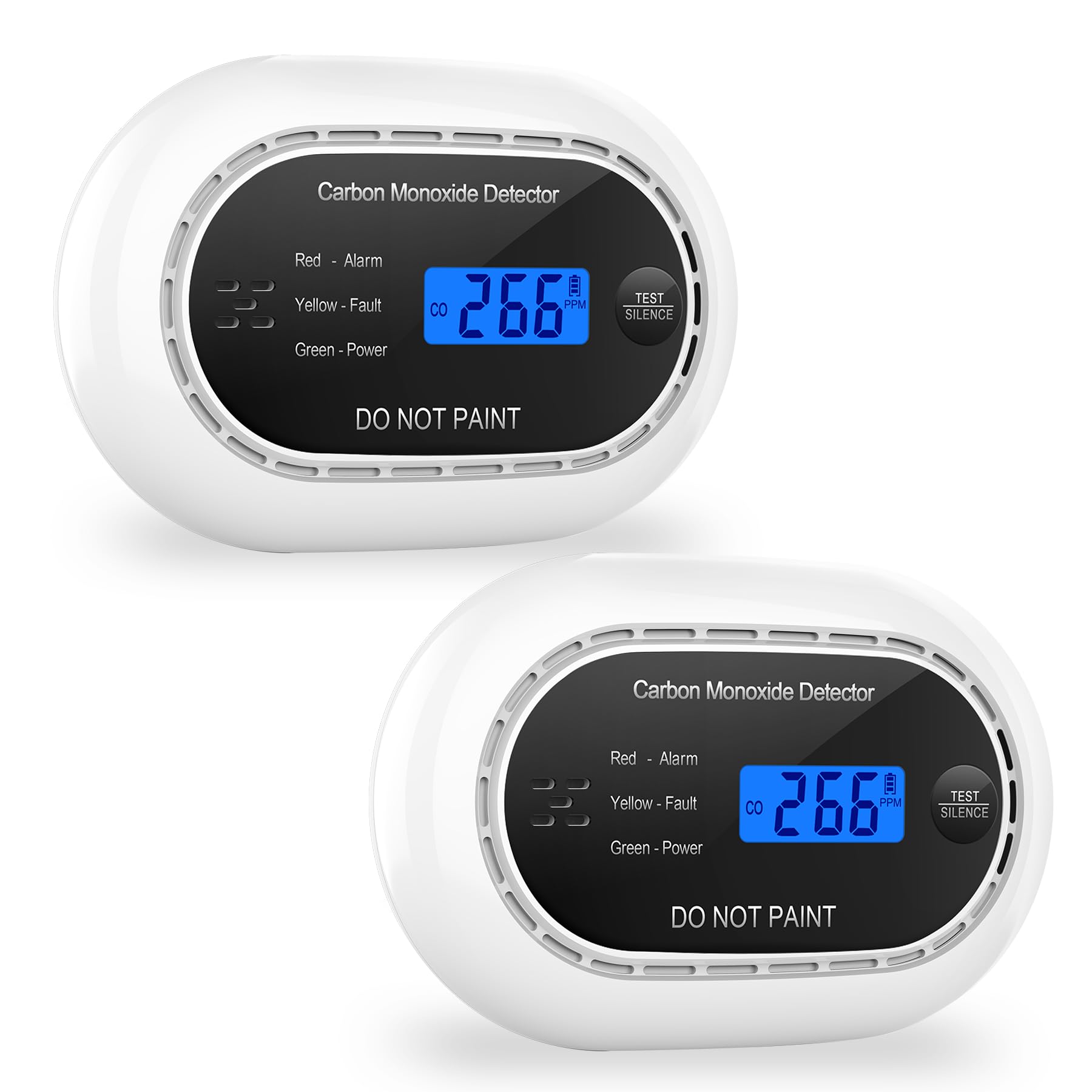 Carbon Monoxide Detector with LCD Digital Display, CE Certified CO Alarm with Sealed in 10 Year Battery, Standalone Audible CO Detector for Home,Black,2 Pack