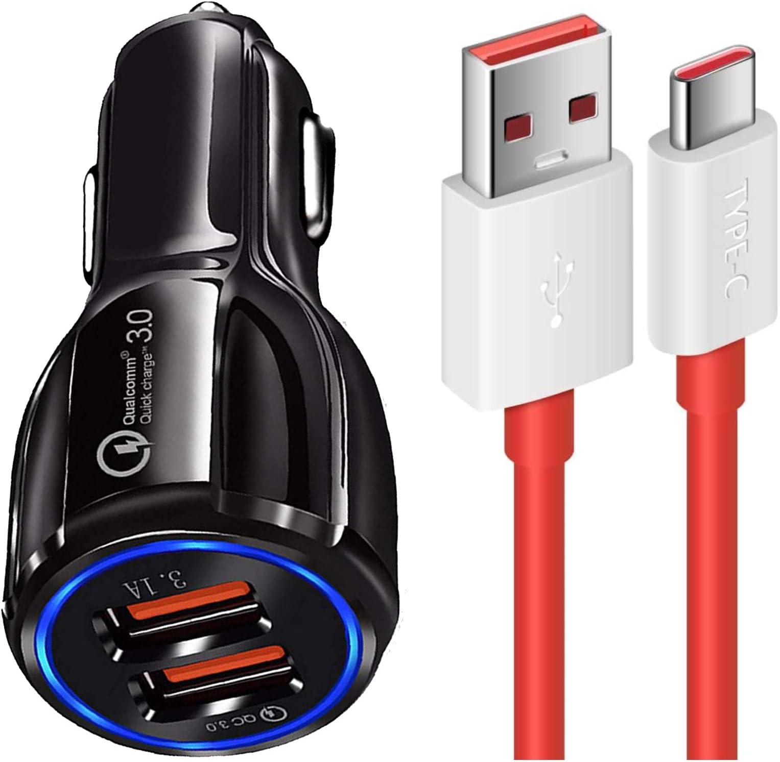 Salecart30W Dual Port Car Charger For BMW Z4 Bugatti Chiron Divo Veyron BYD E6 Chevrolet Beat Enjoy Sail Hatchback Tavera Trailblazer Citroen C3 EV C5 Aircross 2022 Compass Trailhawk Dami D6 / D 6 Datsun Cross GO Plus GO+ Redi-GO Dazen 6A DC Avanti TCA Ferrari 488 812 F8 Tributo GTC4 Lusso GTC4Lusso Original QC Car Charger Adapter C Type 3.0A Designed Qualcomm Certified Quick Rapid Fast Turbo Charge QC 3.0 Smart Dualport Car Charger With 1m Type-C Red Dash Charging & Sync Cable (Black, 4.8Amp, VNT.B5)
