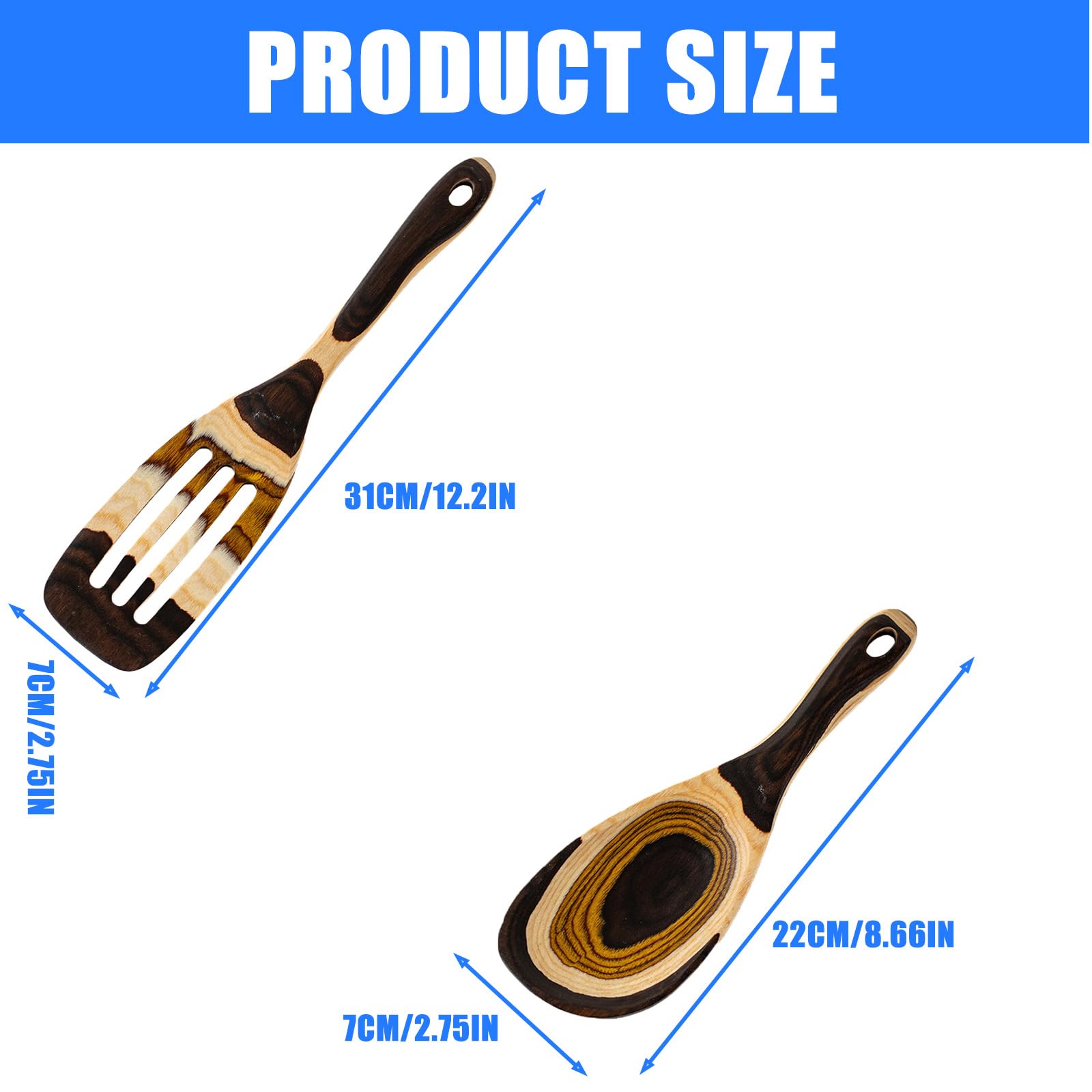 PANGBOER Colección de herramientas de cocina de madera con diseño de color degradado, mango largo, cuchara ranurada, espátula para pastas y cocinas domésticas, utensilios de servir de madera