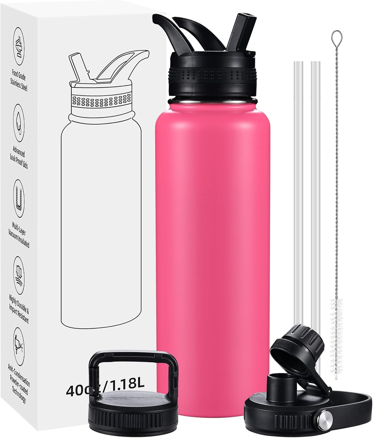 Insulated Water Bottles with Straw 40 oz Leak Proof, Vacuum Insulated Stainless Steel Sport Tumbler with 3 Lids Straw, Spout and Handle Lid for Sports, Gym or Office,Hot Pink